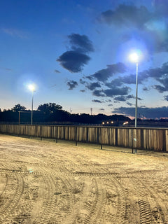 Rocket Lights Titan 850 solar lights and our Galaxy X19 light poles used to light a riding arena. We recommend setting the poles 40-50 feet apart for this application.